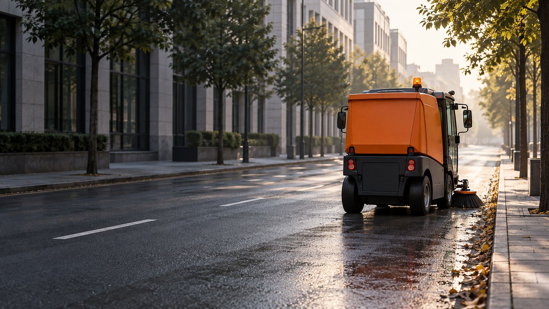 Kompakte Kehrmaschine reinigt am Morgen eine Straße in der Innenstadt