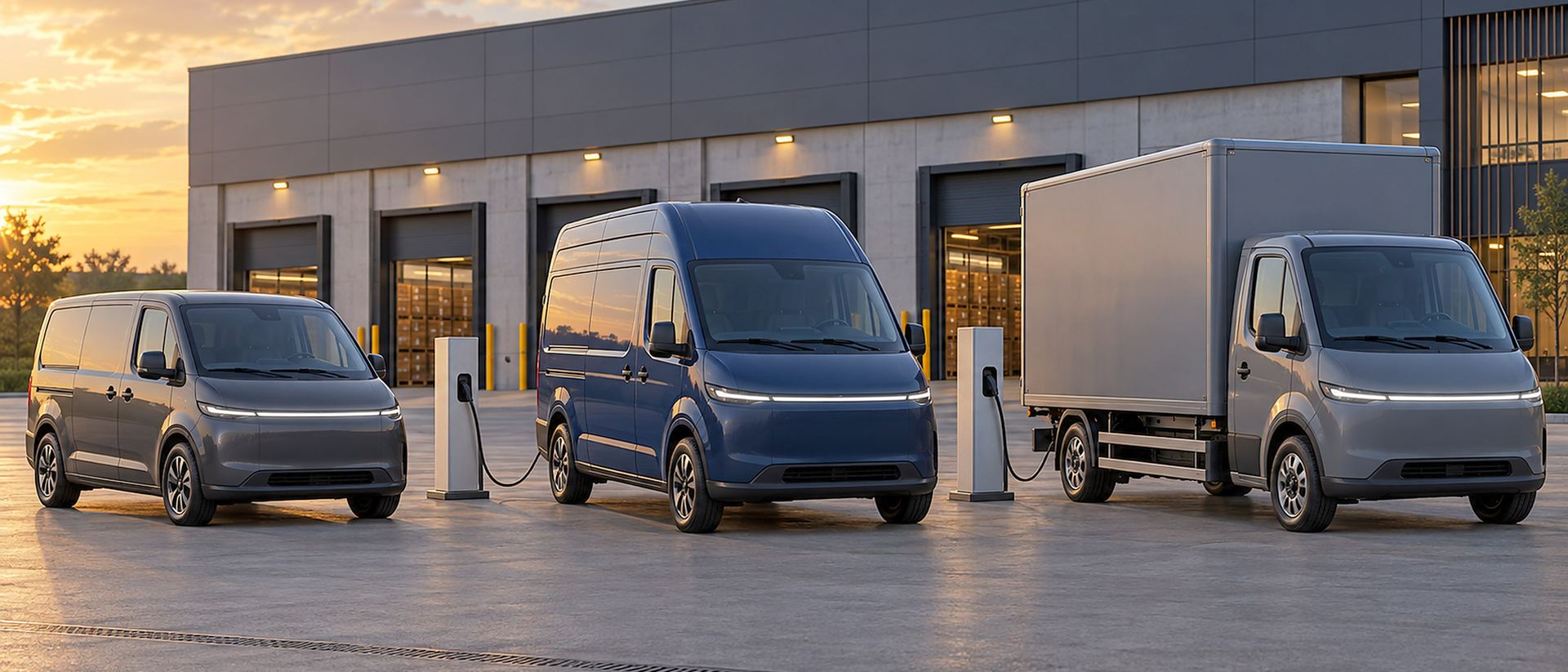 Drei Elektro-Transporter unterschiedlicher Größe vor einem Depot