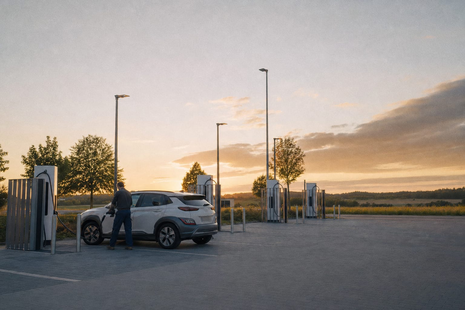 Ladepark mit Elektrofahrzeugen im Abendlicht
