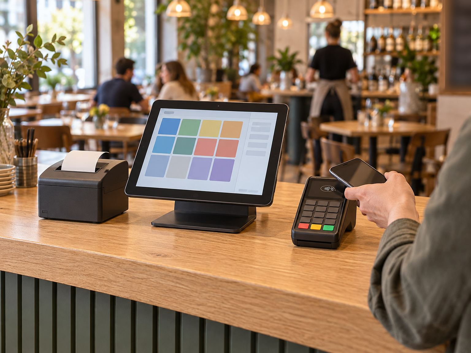 Kassensystem mit Tablet, Bondrucker und Kartenterminal auf einer Bistrotheke