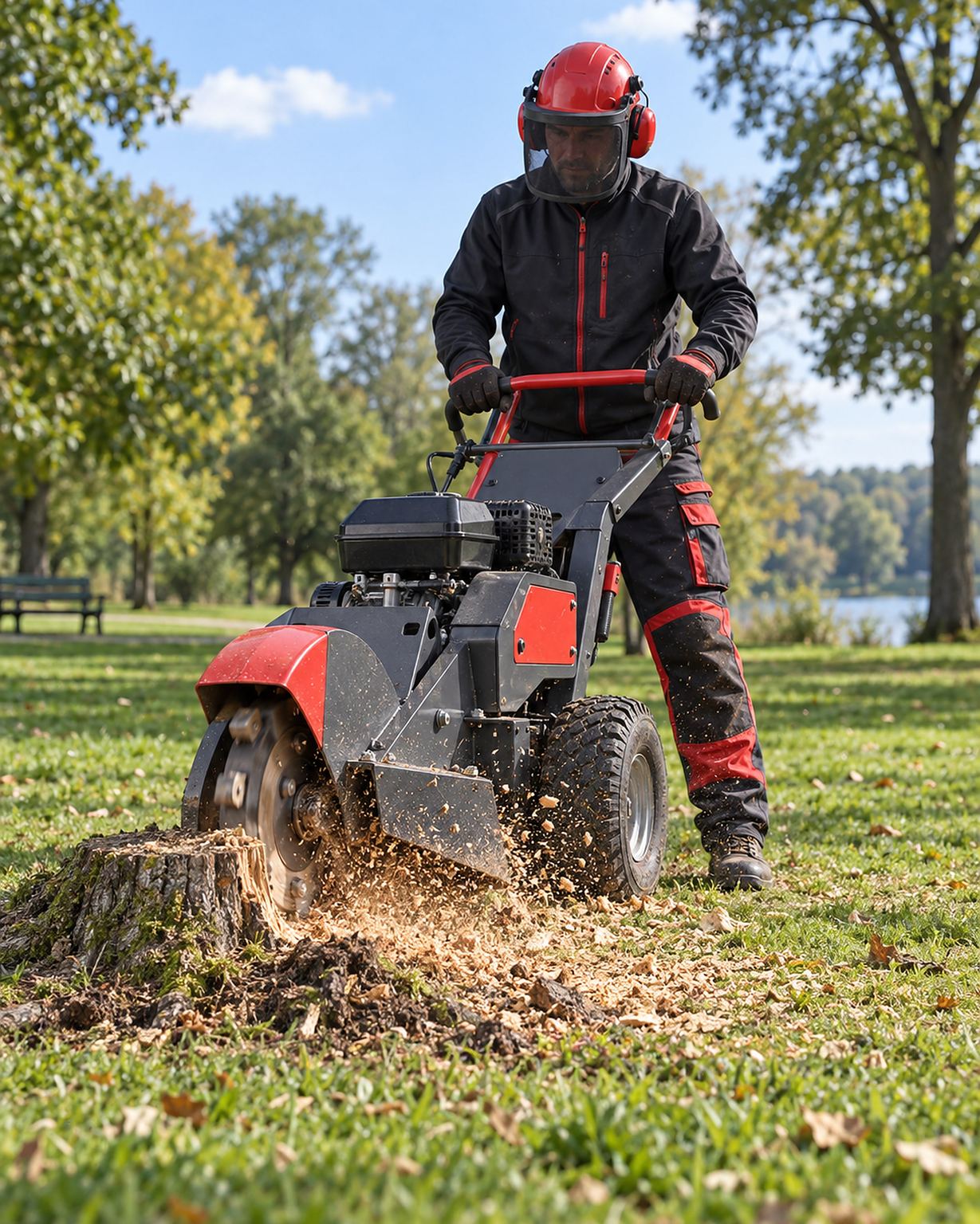 Baumstumpffräse zerspant einen Stumpf im Park, Bediener mit Schutzausrüstung