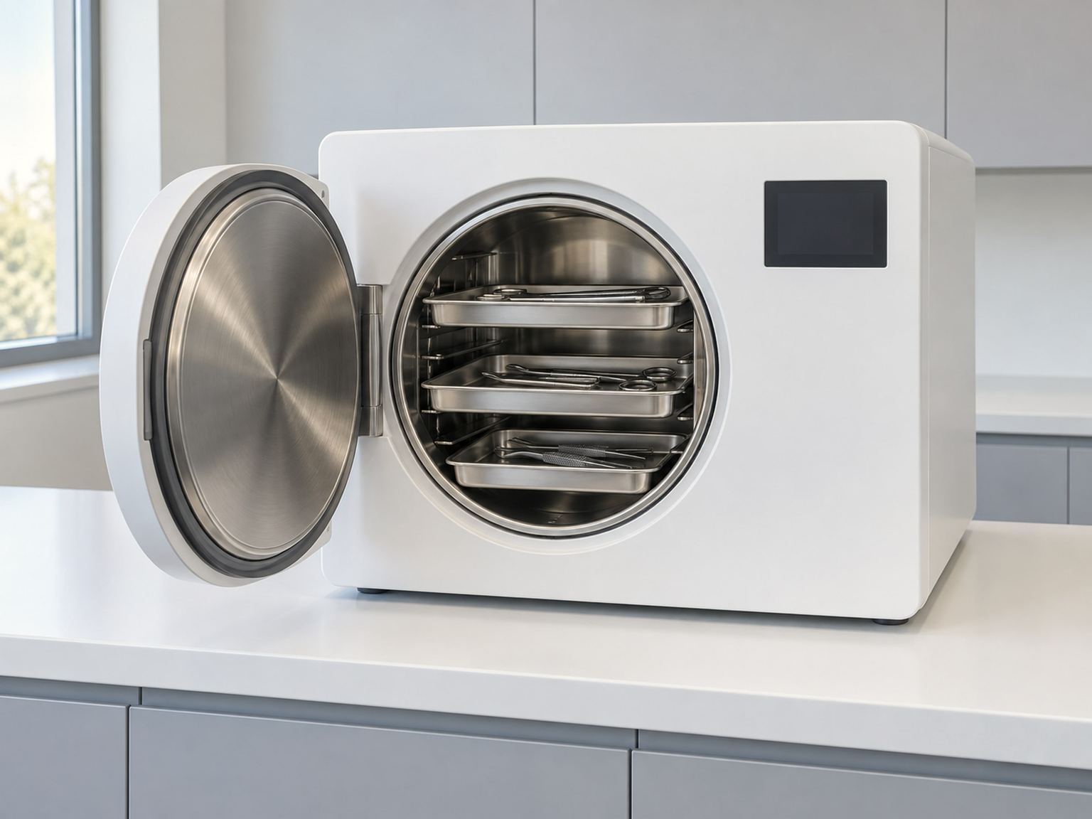 Dampfsterilisator mit geöffneter Tür und Instrumententabletts im Aufbereitungsraum