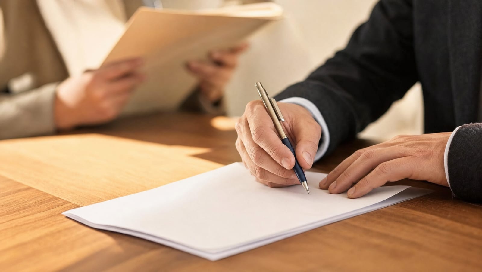 Hand unterschreibt mit einem Stift die Vertragsunterlagen