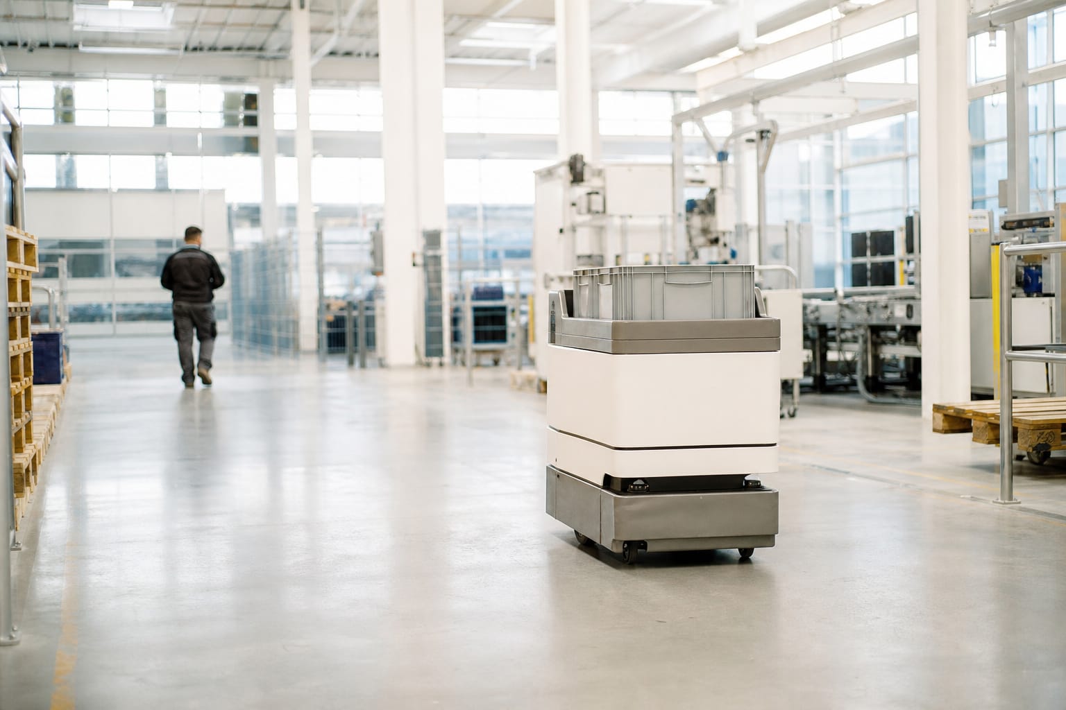 Transportroboter mit Kiste in einer Halle