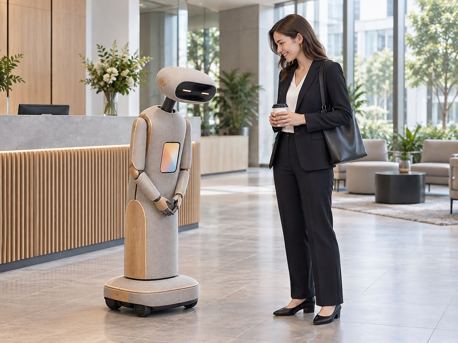 Humanoider Serviceroboter begrüßt eine Besucherin am Empfang